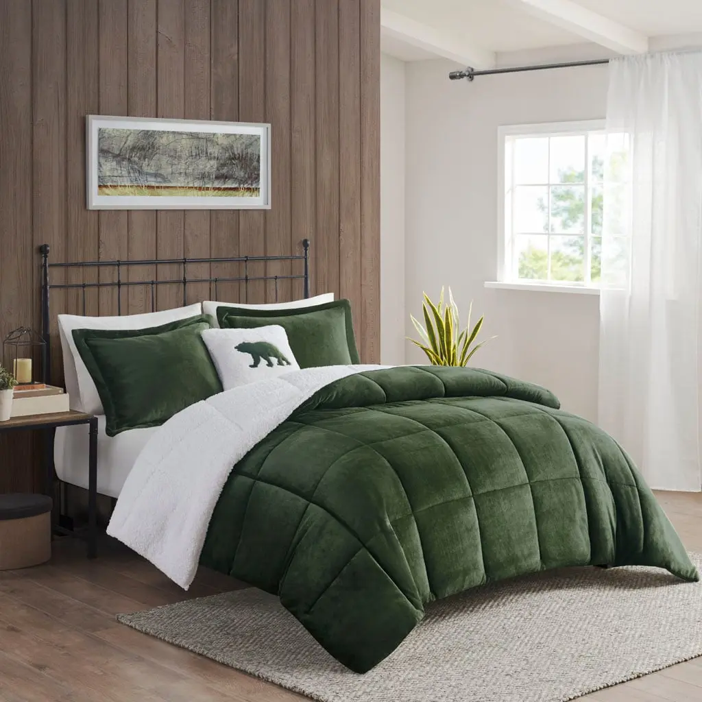 360 Stand Lodge Theme Plush-to-Sherpa Down Alternative Comforter Set, Green & Ivory, Full & Queen Size, 86x86x1.5in, Hypoallergenic, Plush Design, Full Size