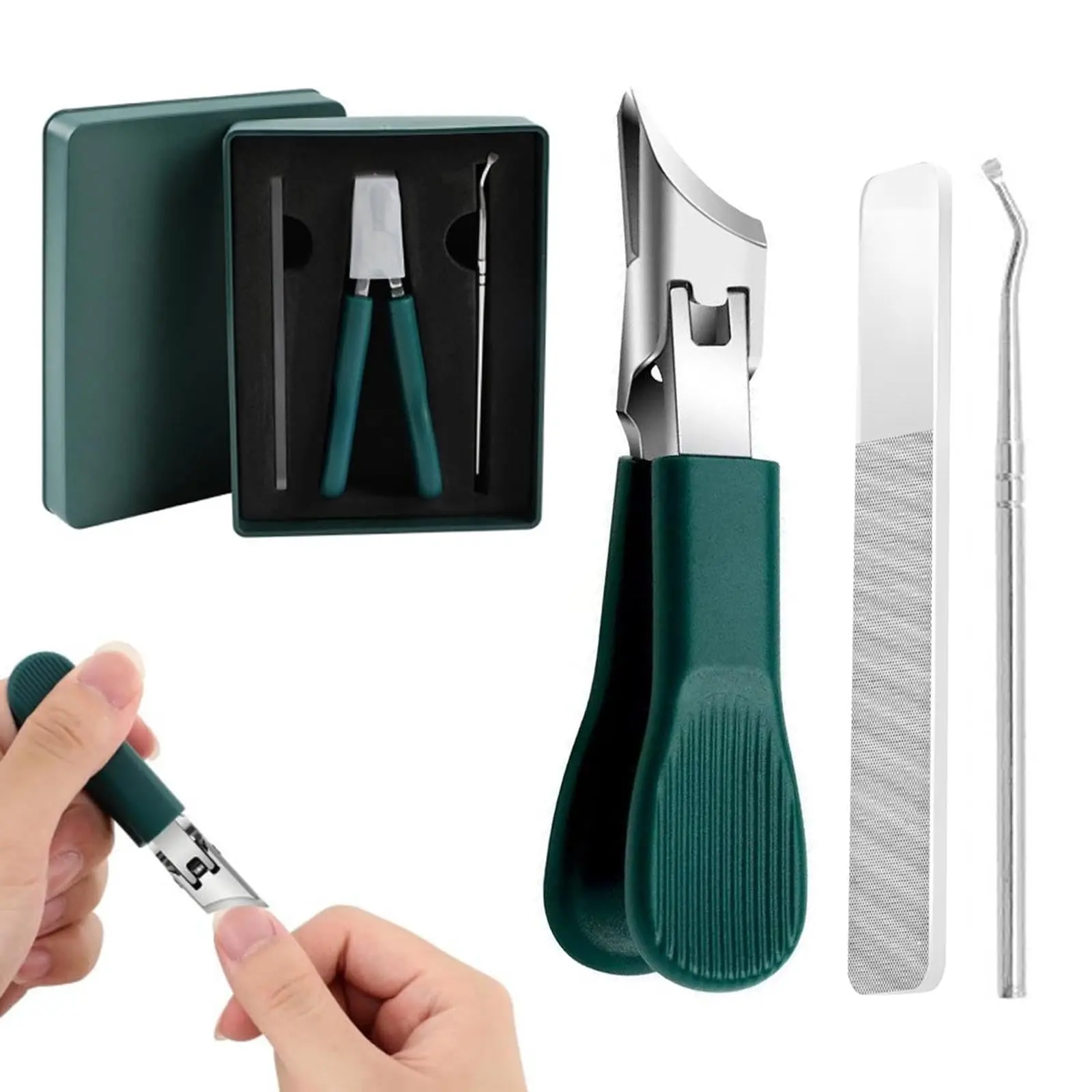 Eagle Beak Beveled Nail Clippers 3-Piece Set - Wide Jaw Opening, Splash Guard, Angled Edge, Long Handle for Thick Nails, Seniors & Ingrown Toenails (Green)