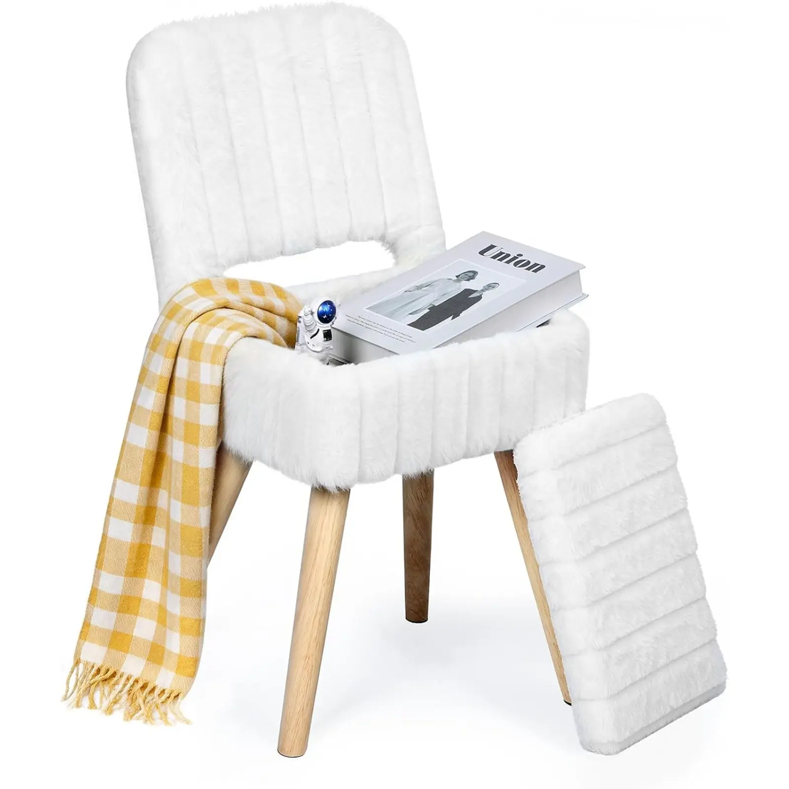 Vanity Stool with Storage, Faux Rabbit Fur Small Makeup Chair with 4 Solid Wood Legs, Stool with Folding Backrest, Ottoman for Living Room, Bedroom, Closet