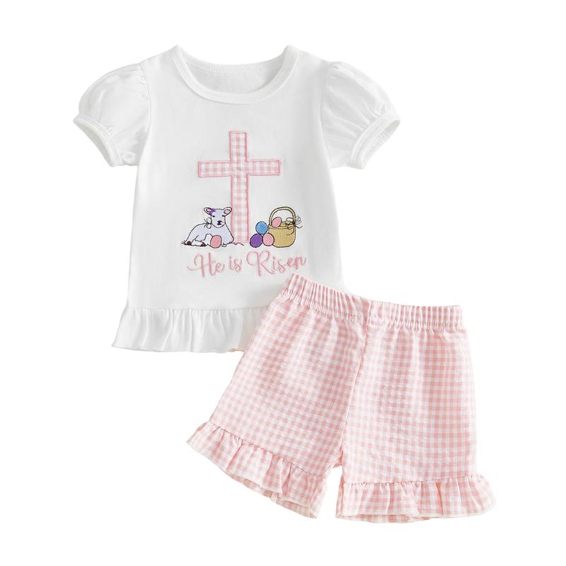 Toddler Baby Girls Easter Outfits He is Risen Cross Animal Embroidery Round Neck Short Sleeve T-Shirt and Plaid Shorts Clothing Set 0-3 Years