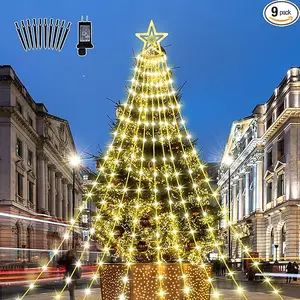 Christmas Tree Decorations 16.4FT 350 LEDs Star String Lights Waterfall Lights with Tree Topper 8 Modes Timer Outdoor Lights for Holiday Decorations Party New Year
