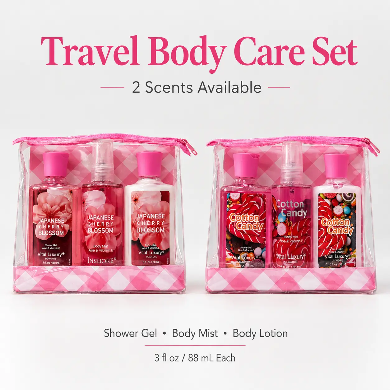 Mini Travel Body Care Kit – Japanese Cherry Blossom & Cotton Candy Fragrance – Shower Gel, Body Mist & Lotion – Perfect Gift Set for Women, 3×88ml