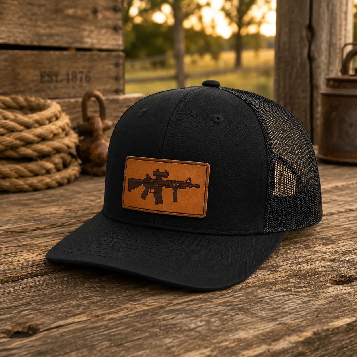 Rifle Leather Patch Trucker Hat for Men, Tactical Outdoor Snapback Cap, Black Mesh Hunting Hat, Shooting Range and Outdoors Gift