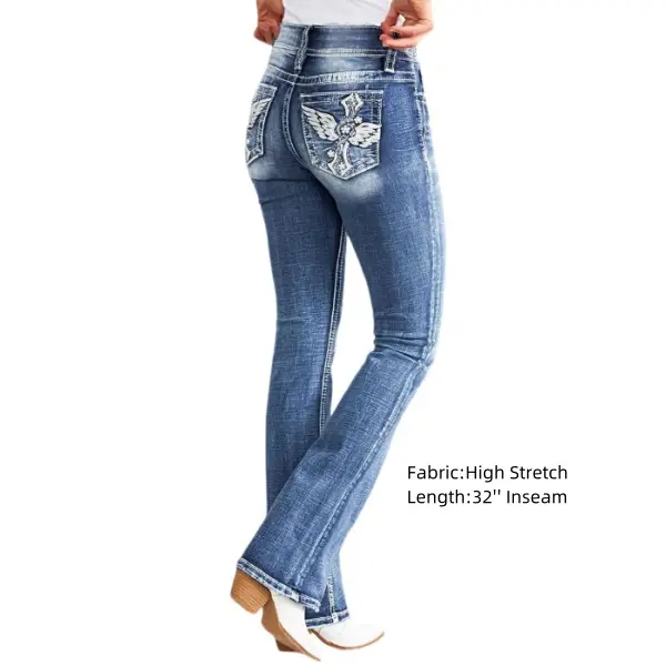 Washed Embroidery Button Up Mid Rise Flare Jeans Fit Denim Washed Embroidery Button Up Mid Rise Flare Jeans Fit Denim