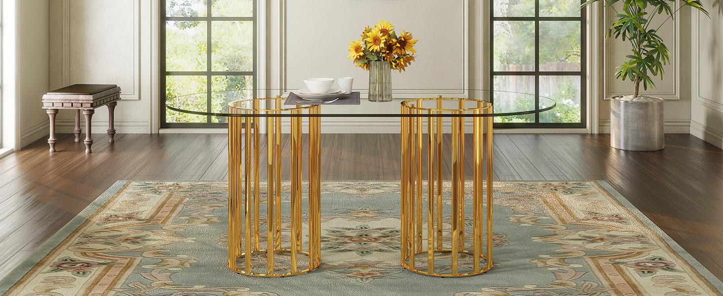 71 Inch Oval Tempered Glass Dining Table, Modern Light Luxury Gold Double Pedestal Kitchen Dining Table, Scratch Resistant Easy Clean Glass Top, Seats 6-8 for Dining Room Restaurant