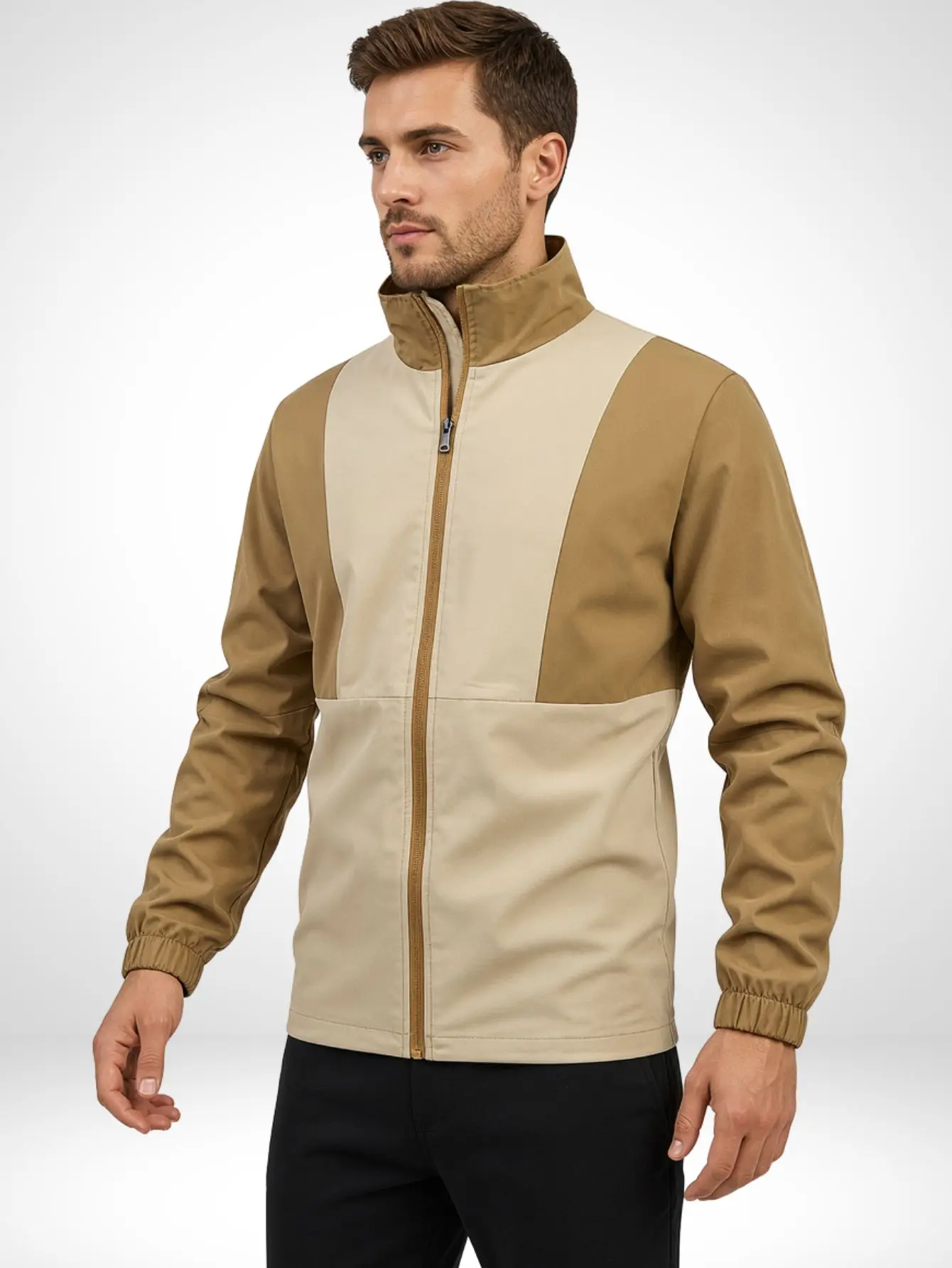 Men’s color-block stand collar jacket with full zip closure and elastic cuffs, outdoor outerwear with a patchwork design; retro two-tone long-sleeve lightweight everyday sports jacket