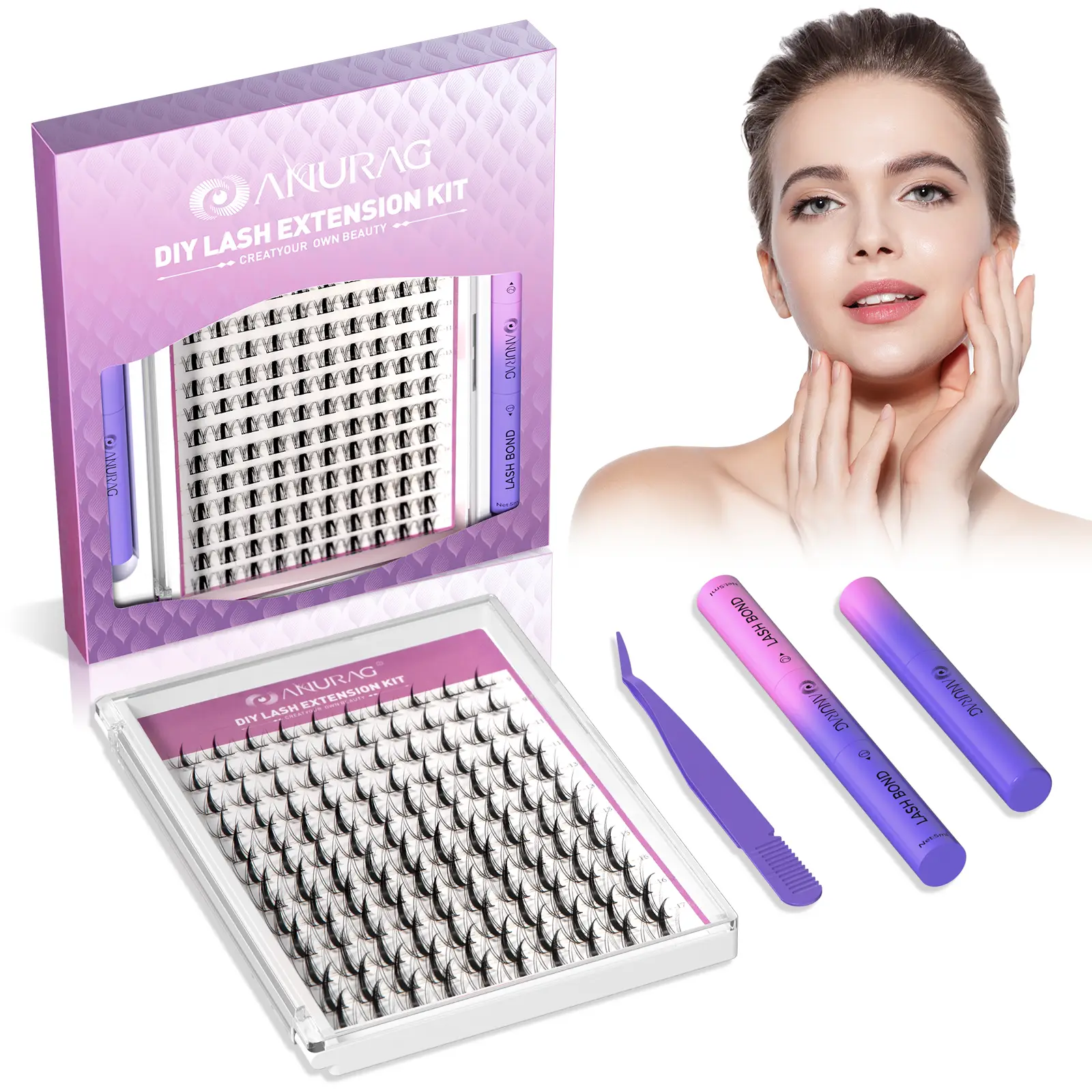 ANURAG Lash Extension Kit 140pcs Wispy Lash Clusters Kit 9-17mm Natural Cluster Eyelash Extensions with Lash Bond and Seal and Lash Tweezer C Curl DIY