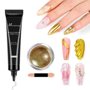 Misscheeling 3D Nail Gel with Gold Chrome Nail Powder Kit, Clear Molding Gel for Nail Art, 15g Sculpting Glue Polish and Metallic Effect Mirror Powder Set for Nail Decoration Manicure Charms