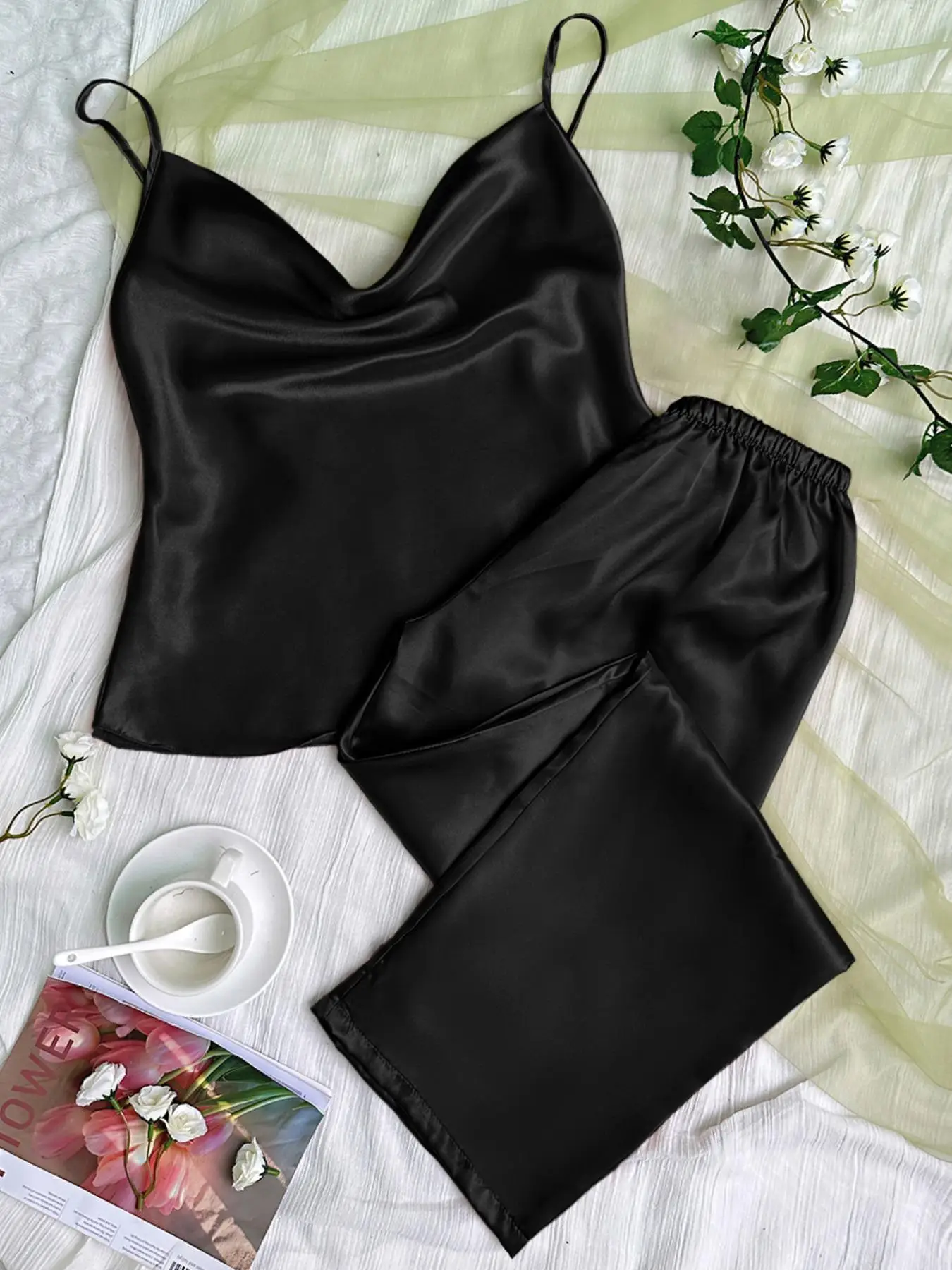 Two-Piece Set Women's Solid Cowl Neck Cami Top & Elastic Waist Pants Pajama Set, Basic Minimalist Casual Style Soft Satin Sleeveless Top & Trousers Lo