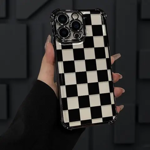 Black plaid phone case for iPhone 16|15|14|13|12|11 Pro Max Plus four-corner electroplating anti-drop and shockproof soft phone case