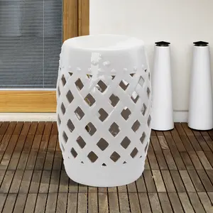 13"x18" White Glazed Ceramic Garden Stool - Woven Lattice Design, Durable Outdoor Decor for Garden Side Table Use