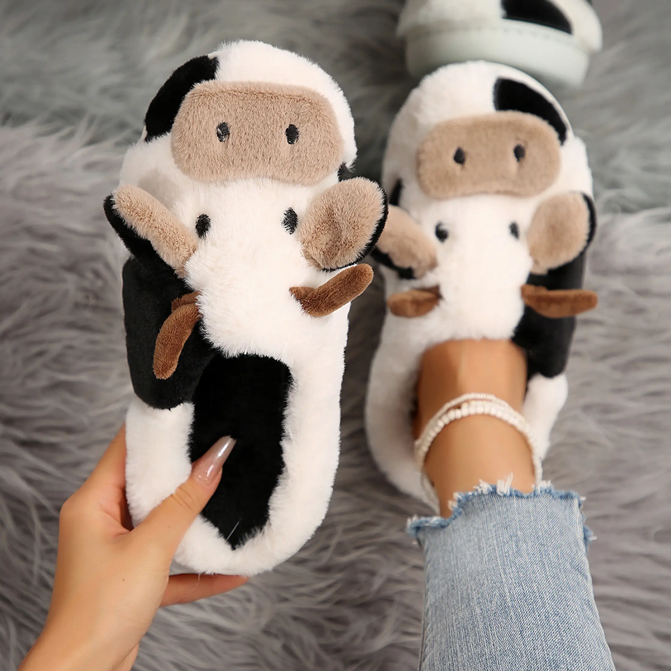 Women Men Fuzzy Cow Slippers Cute Cotton Animals House Shoes Fluffy Plush Slippers for Indoor