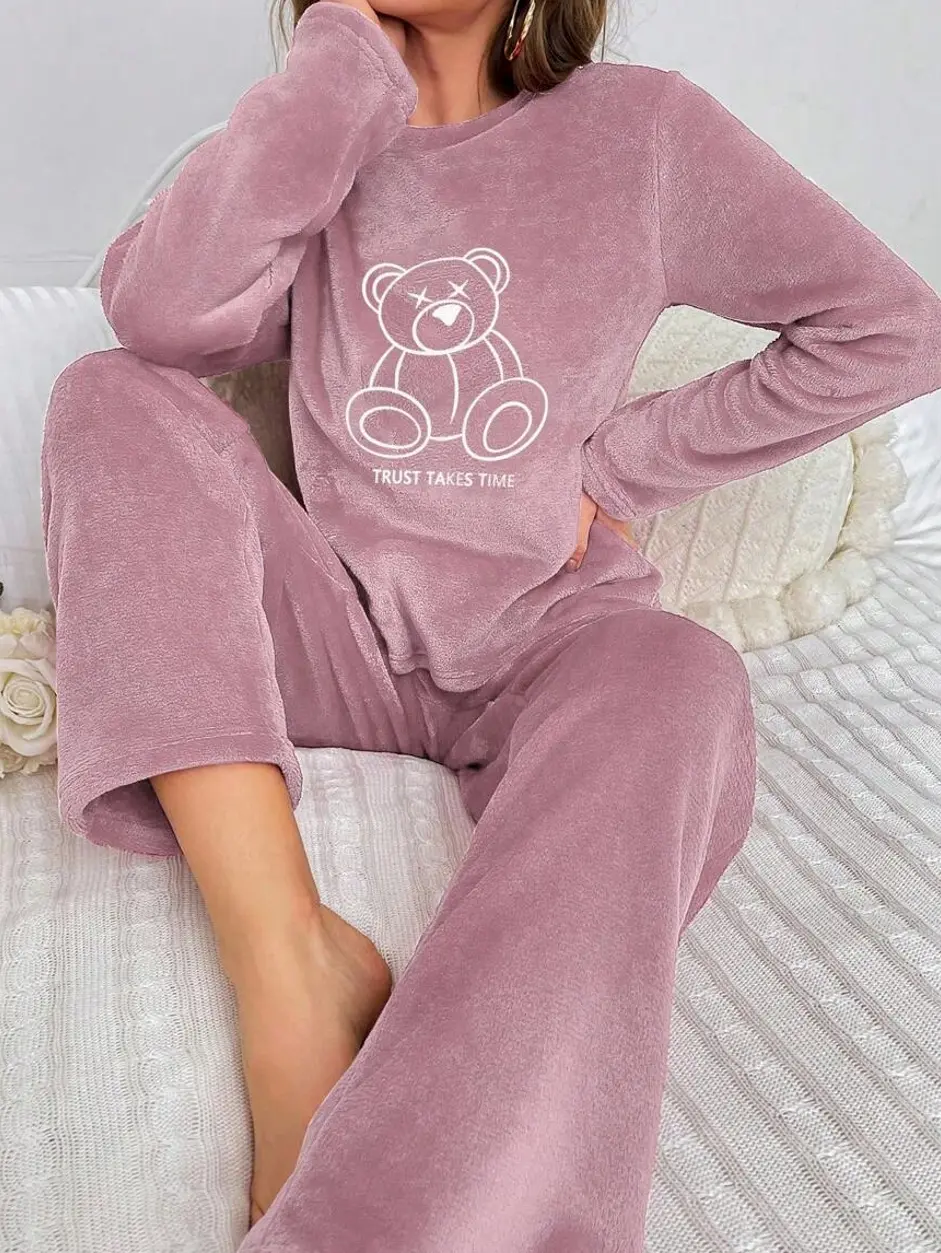 Bear Embroidery Flannel Long Sleeve and Long Pants Pajama Set in Dusty Pink