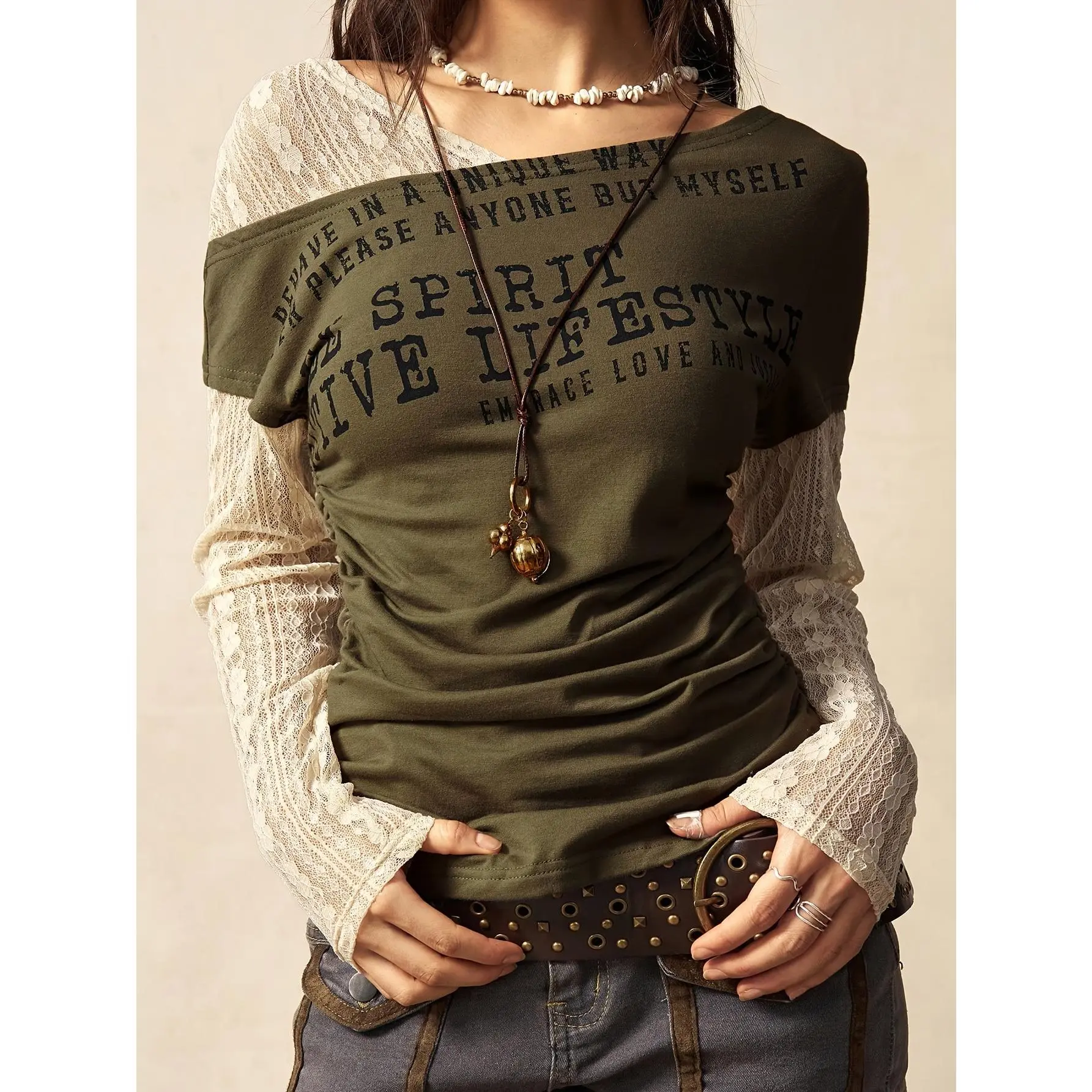 Women's Plus Size T-Shirt, Elegant Casual Crew Neck Top with Sheer Lace Shoulders and Letter Print, 3Xl, Asymmetrical Neck, Round Neck, Polyester Blend