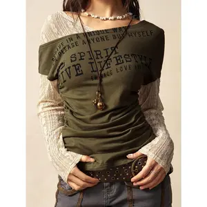 Plus Size, Cross-border Fashion New Letter Print Lace Splicing Plus-size T-shirt