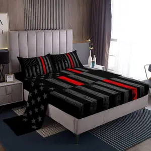 American Flag Bed Sheets Black Grey Red Line Flag Sheet Set for Men Boys Kids Girls Novelty Star Stripe Fitted Sheet Retro Vintage Flags deep Pocket Bed Sheet Set