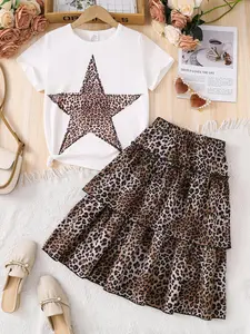 Girl's Leopard Print Tee & Skirt Two-Piece Set, Casual Short Sleeve T-Shirt & Skirt for Summer, Kids Clothes for Daily Wear