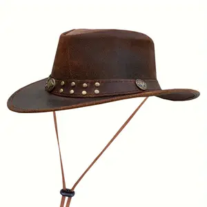 [Australian Cowboy Leather Hat] 1pc SideWinder Australian Hat Unisex Adult For Men And Women Shapeable Outback Western Style Wide Brim, Lightweight Top-Grain Leather, High Quality &, Adjustable Chin Cord, Festival Accessory,