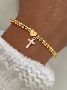 Letter A Heart & Cross Charm Decor Bracelet, Heart Shaped Bracelet, Stainless Steel Jewelry for Party, Daily Clothing Decor, Trendy All-match & Exquisite Jewelry for Birthday Gift