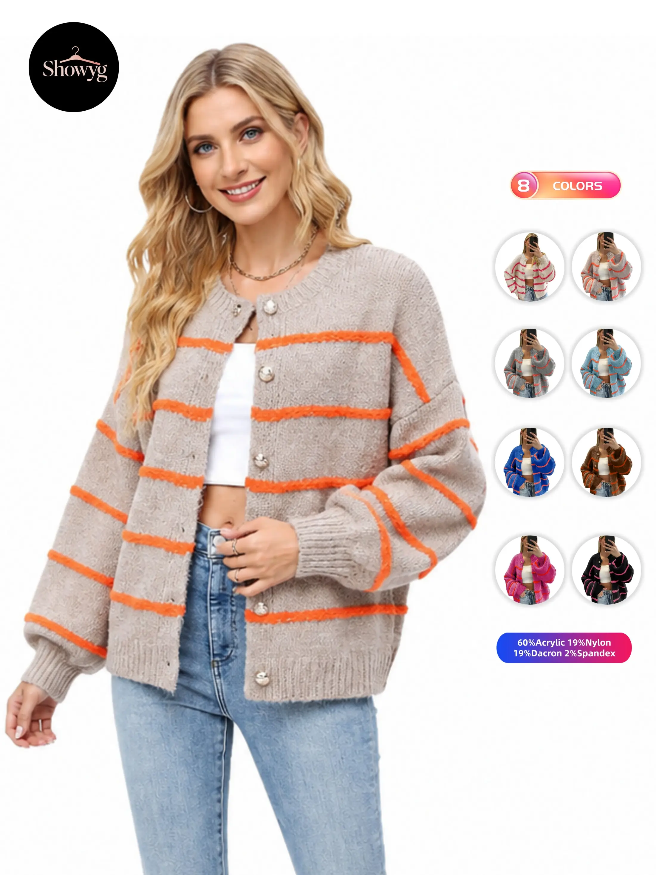 Showyg Women's Striped Cardigan Sweaters Casual Open Front Long Sleeve Button Down Knit Outwear