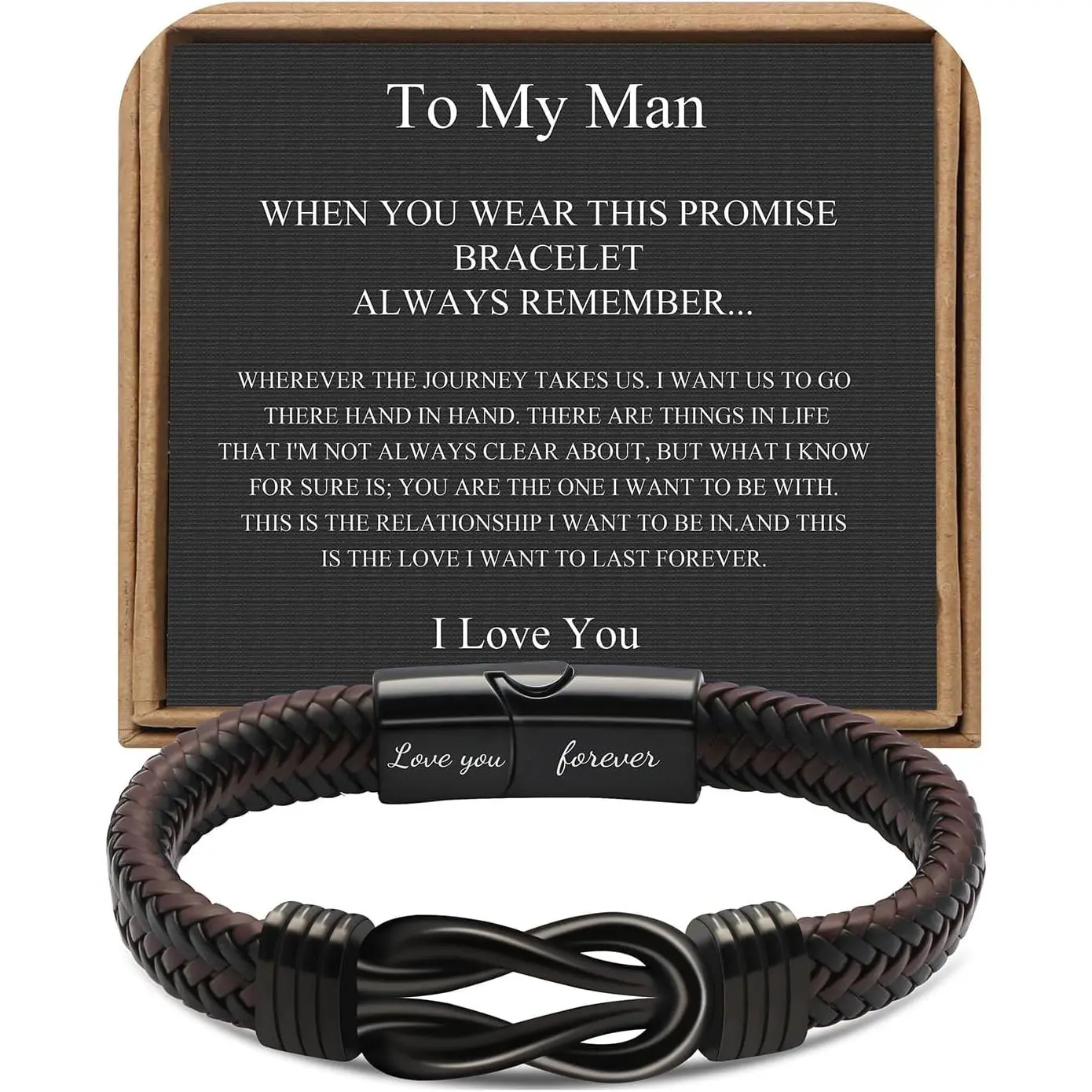 Men's Woven Leather Infinity Bracelet, Stainless Steel Engraved Statement Jewelry with 'Love You Forever', Adjustable Length Gift for Son, Husband, Grandson