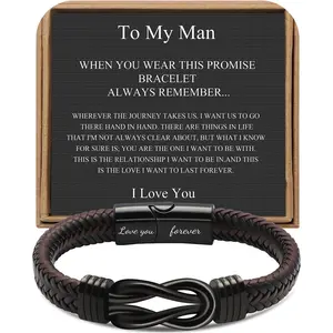 Brown woven leather stainless steel infinity bracelet, engraved with "Love you forever," a gift for son, grandson, husband, boyfriend, brother, symbolizing eternal bonds