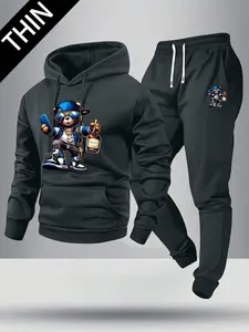 Men's spring and autumn thin bear print pattern hoodie and sweatpants set, stylish casual men's clothing with pockets, street sports elastic waist drawstring long pants two-piece set, the best gift suitable for men
