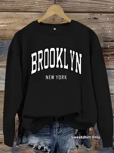 Women's Casual Brooklyn Print Pullover Sweater, Soft Long Sleeve Round Neck Sweatshirt, All-Season Comfortable Daily Wear