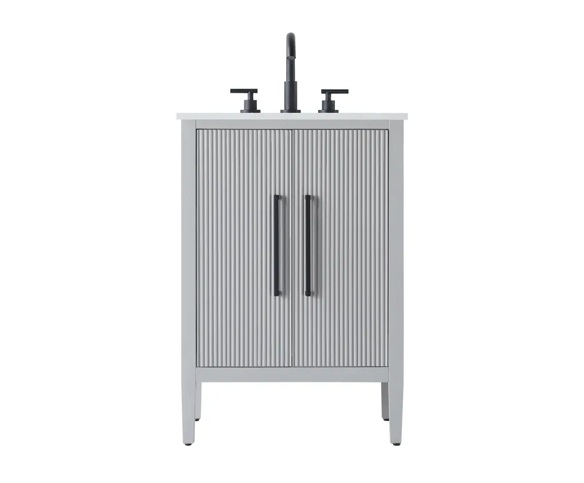 360 stand 24 in. Free-Standing Single Rectangle Bathroom Vanity - Grey, Fluted Doors, Solid Wood Construction, Undermount Sink, Wood Floor Cabinets, Matte Black, Textured Fluted Design, Transitional