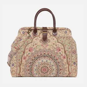 Women's Oriental Series Mary Poppins Weekender Carpet Bag, Genuine Leather, Textured, Carry-On, Victorian Vibe, Stands Stable
