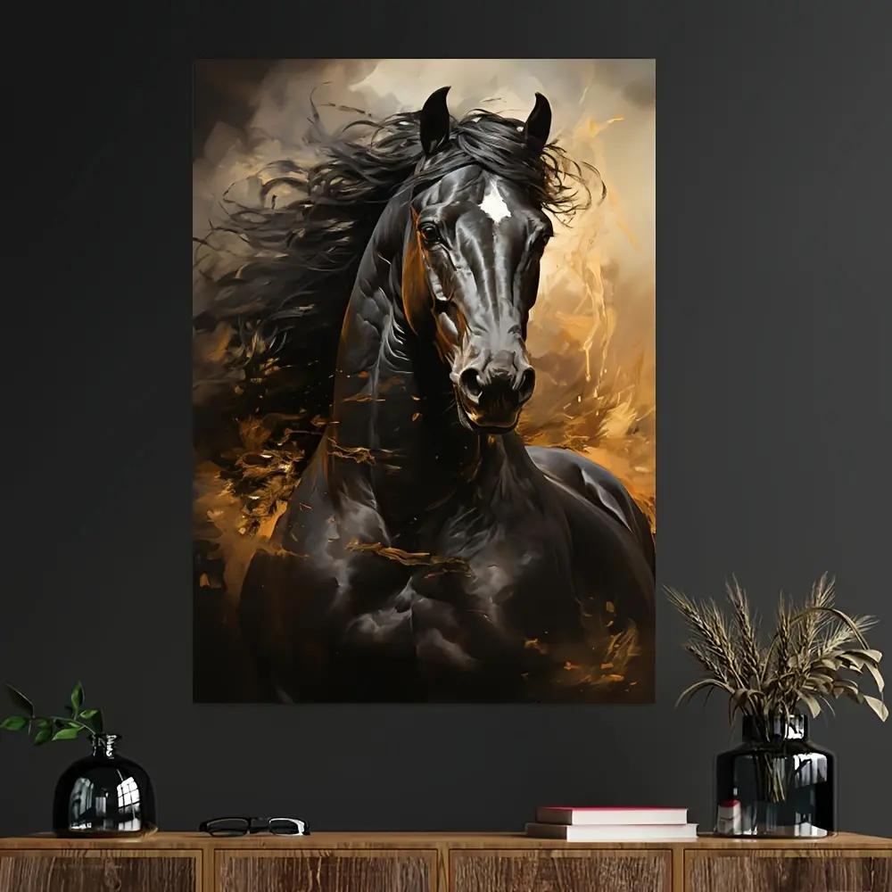 1pc Black Horse Galloping Canvas Print, 31.49x47.24in (80x120cm) Frameless Modern Wall Art Painting, White Rimless Room Art, Living Room & Bedroom Home Decor, Interior