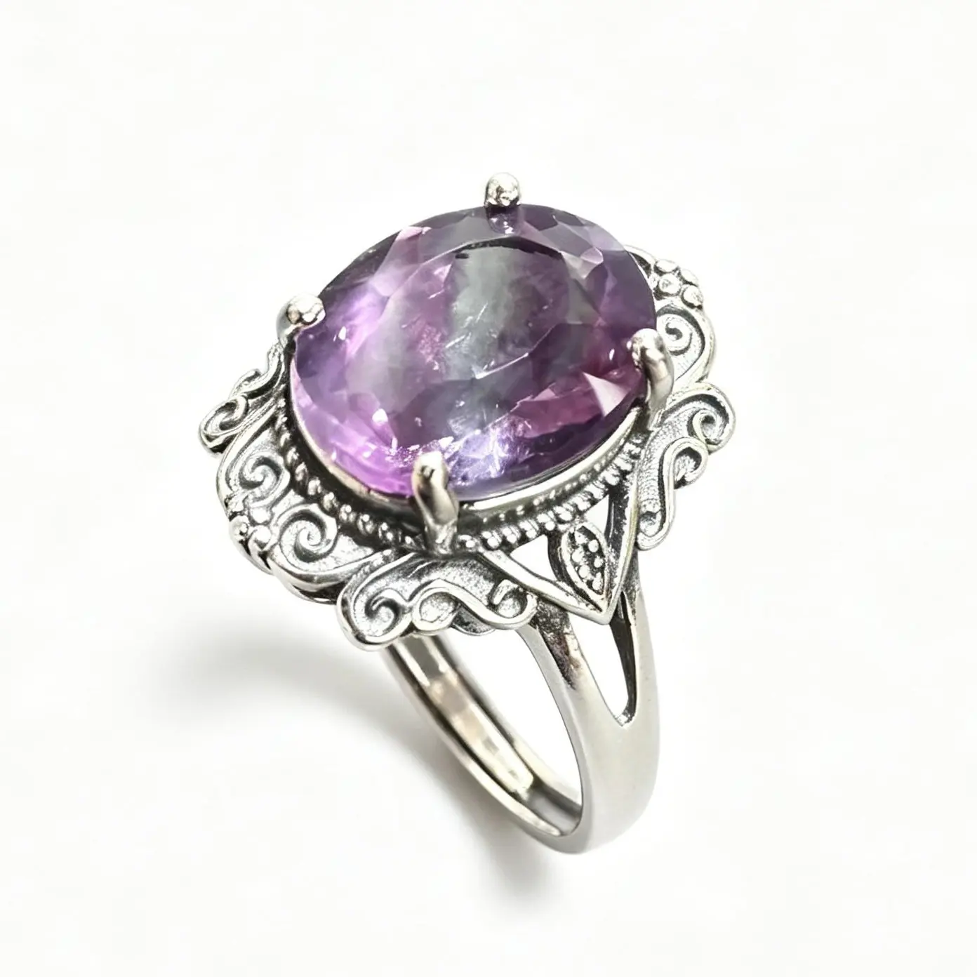 925 Sterling Silver Vintage Filigree Natural Purple Fluorite Adjustable Ring, Secure Claw Prong Setting, Soothes Emotional Stress, Ideal for Birthday-Wedding, Gently Clean with Soft Polishing Cloth, Mental Clarity