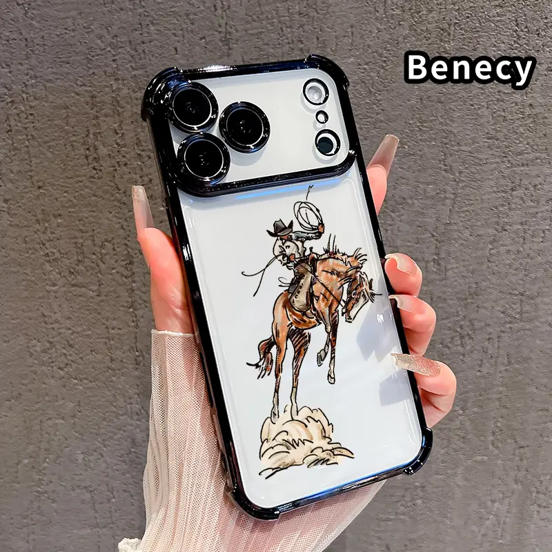Cowboy's Wild Ride Pattern Silicone Smartphone Case - 4-Corner Air Cushion Anti-Drop, Raised Edges, Transparent Full Coverage Phone Accessories with Soft Flex for Comfy Hold, Fit for iPhone 17 Pro Max,16,16 Plus,15 Plus,14,13,12,11,E Devices