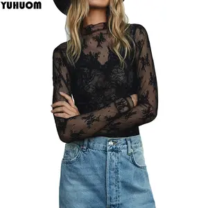 Women's Mesh Lace Long Sleeve Top Mock Neck Sheer Blouse Floral Lace Layering Tops Y2k See Through Tee Shirt