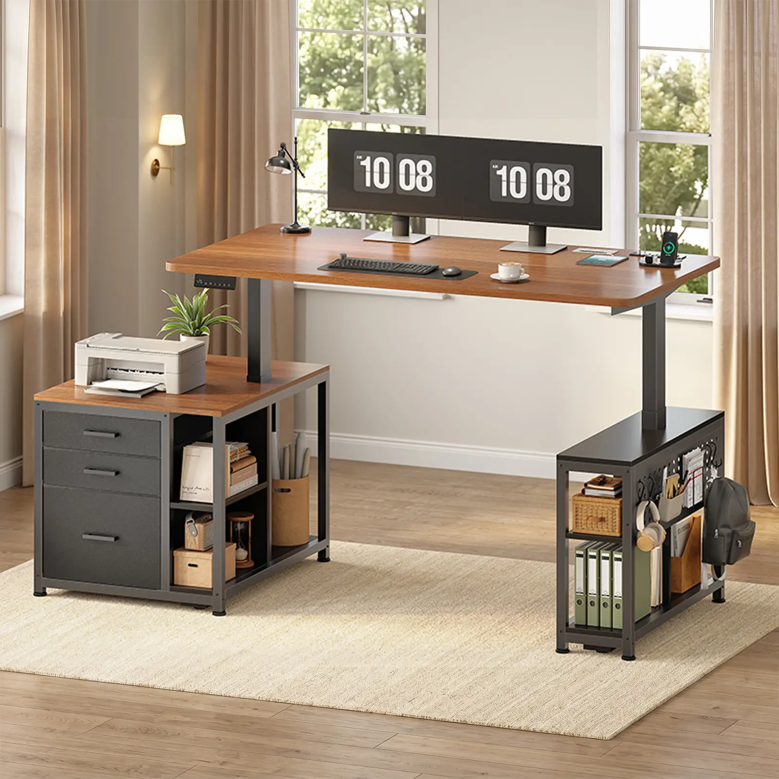 SEDETA Rustic Industrial Ergonomic Auto-Adjusting Office Wooden Desk with Drawers - 61in Height-Adjustable Workstation, 3 Fabric Drawers, 4 Outlets, 6 Open Storage Spaces, 40-49in Range, Dual Monitor Compatible, Assembly Required, for WFH Setups