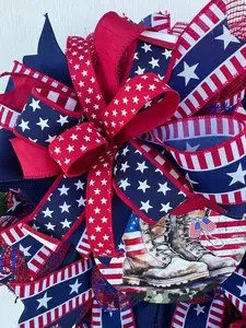 America 250 Patriotic Wreath – Military Boots Sign, Premium Designer Ribbon, Storm Door Friendly Red White Blue Summer Door Decor