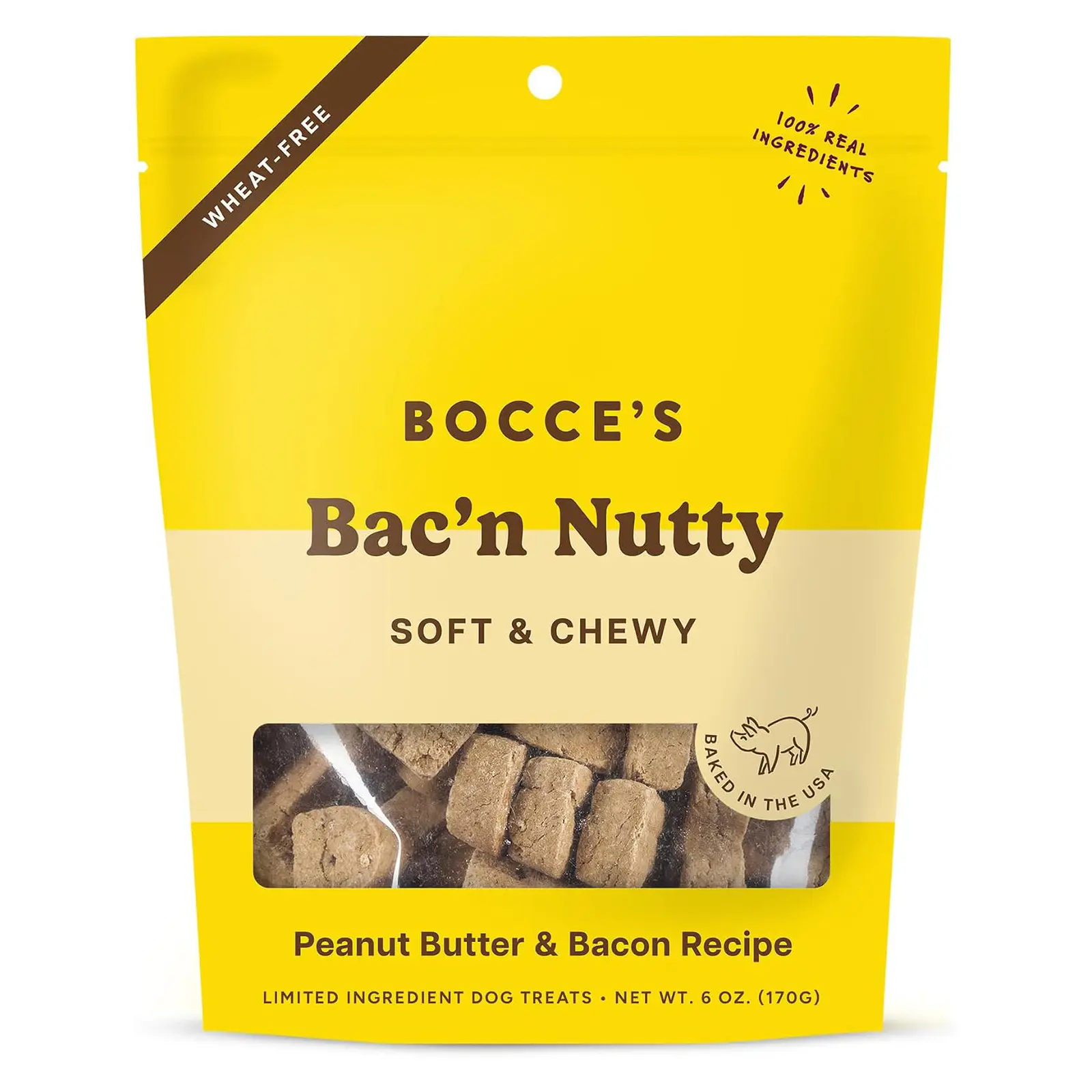 Bocce's Bakery Bac'n Nutty Soft & Chewy Dog Treats, PB & Bacon Flavor (6oz) Oven Baked, Wheat-Free Everyday Dog Treat Cookies - Made with Real, Limited Ingredients and Baked in The USA