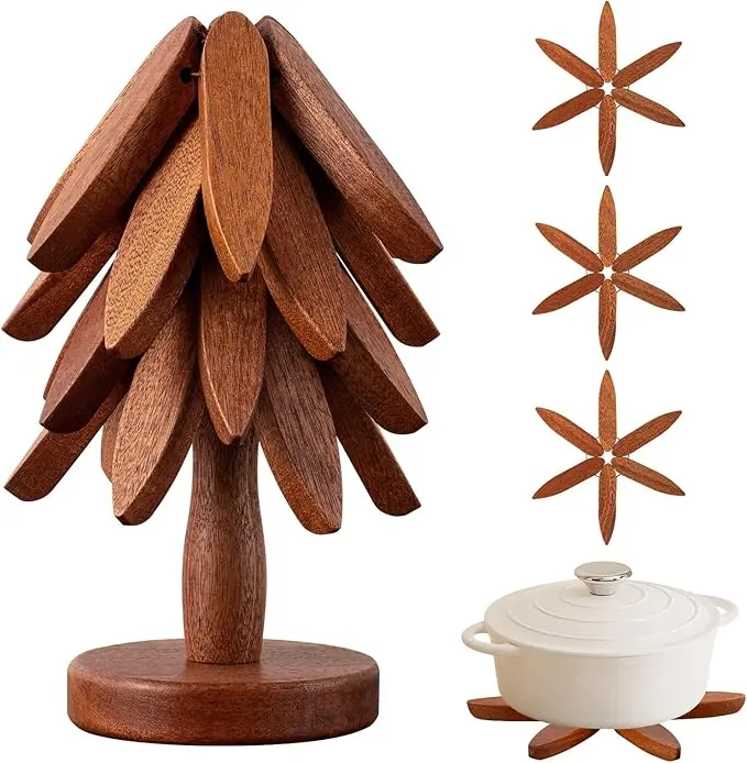 Wooden Bamboo Trivet Set (4 Pieces + 1 Stand) - 7.8 Inches, Heat-Resistant, Foldable, Durable Kitchen Tableware for Hot Dishes - Birthday Gift for Home Use
