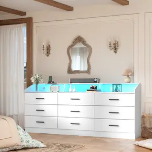 9 Drawer Dresser with Power Outlet and LED Light, Modern Storage Dresser for Bedroom, Living Room  dresser nursery  dresser，2 colors living room