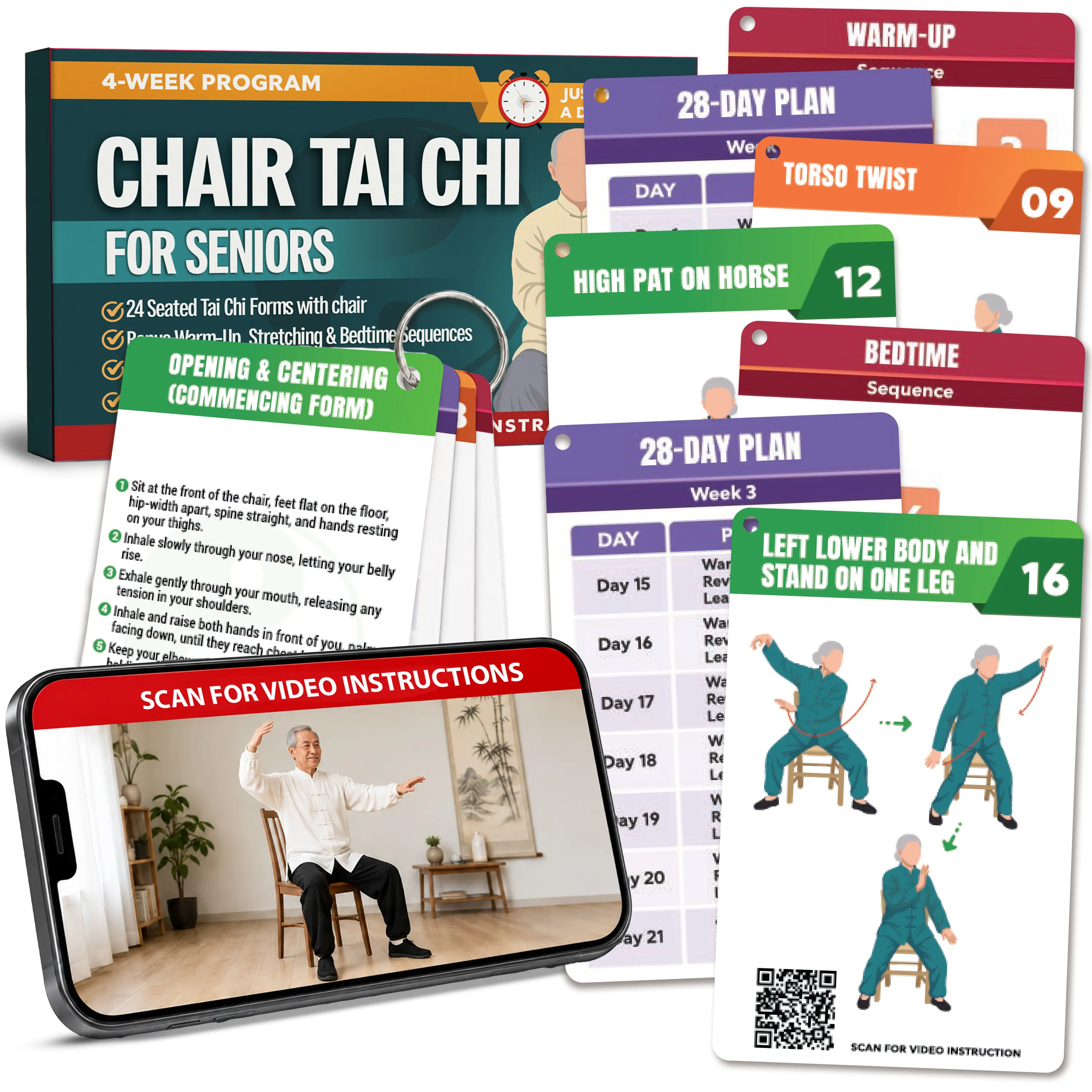 Chair Tai Chi for Seniors Over 60, 46 Exercise Cards & Video Guide, Safe & Easy 10-Minute Daily Routines Flows to Improve Mobility, 28-Day Plan to Stay Active and Feel Confident, Senior Wellness Gift for Mom, Dad & Grandparents