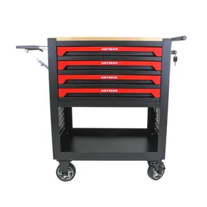 4 Drawers Tool Box with Wheels Rolling Tool Cart with Drawers, Workbench Tool Box, Wooden Top Tool Boxes, Metal Multifunction Tool Cart for Garage, Warehouse, Repair Shop