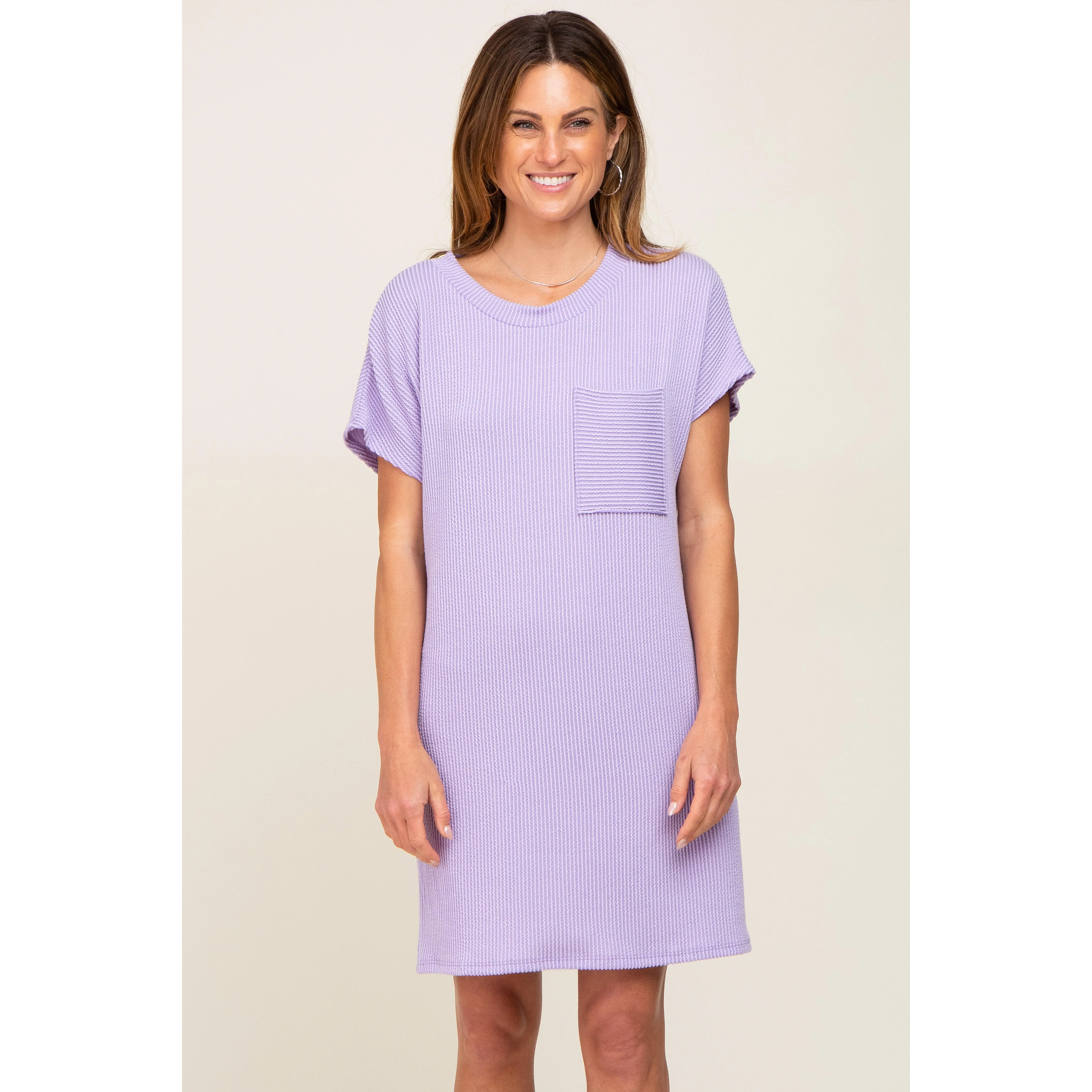 Lavender Ribbed Front Pocket Dolman Short Sleeve Dress