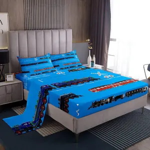 Feelyou Retro Steam Engine Bed Sheets Set - Microfiber Soft Easy-Care Bedding, Railway Track Transport Themed, Red Blue Black Decor, Twin/Full Sizes