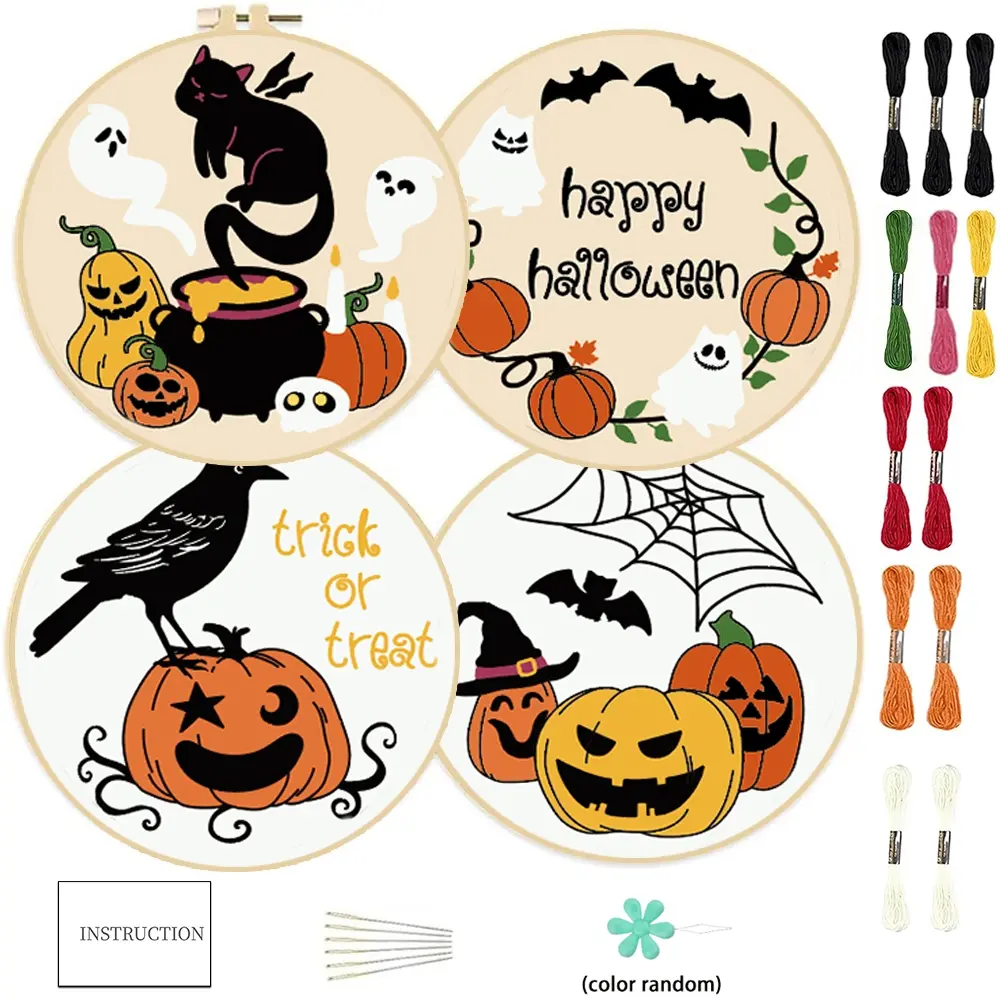 4counts cute style Halloween themed embroidery DIY handmade item making set, featuring fabric decorations with white ghost, crow, and pumpkin patterns, including 1 embroidery hoop, suitable for  beginners and handmade sewing enthusiasts. Unique party deco