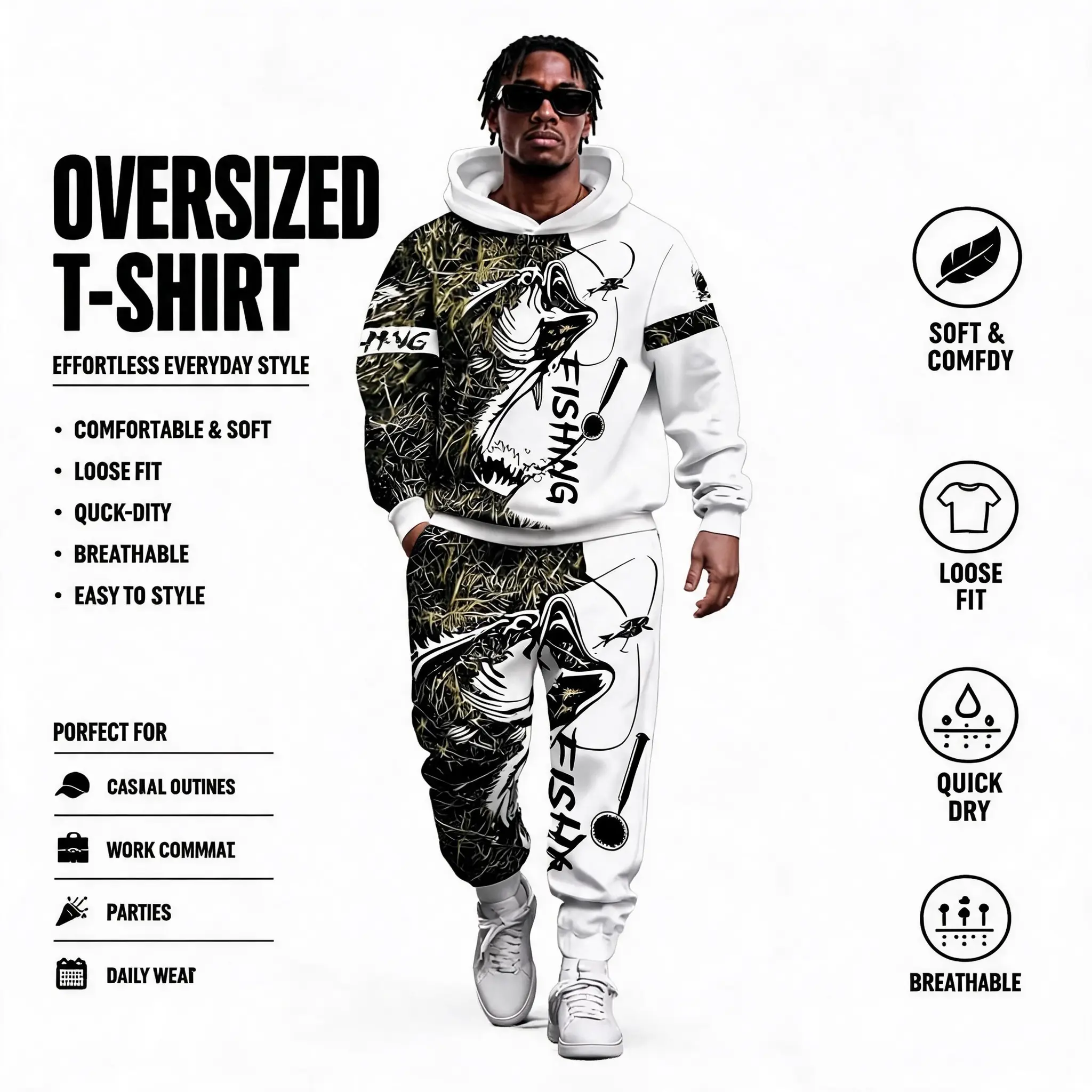 Male Polyester 2-Piece Oversized Bass Fishing Camo Tracksuit - Hoodie with Zipper Closure, Sweatpants Set for Outdoor Fishing, Machine Washable Menswear Clothing Set