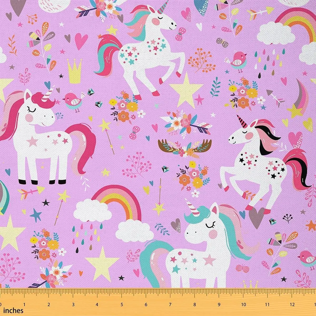 Unicorn Fabric,Watercolor Rainbow Floral Flannel Polyester Fabric,Dreamy Stars Crown Fabric Panels Quilting,Funny Floral Leaves Sewing Fabric
