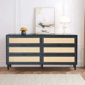 Rattan Dresser TV Stand with 6 Drawers, Handles 59.06'' Long Dresser Entertainment Center Media Console Table for 65 Inch TV Living Room Entryway dresser