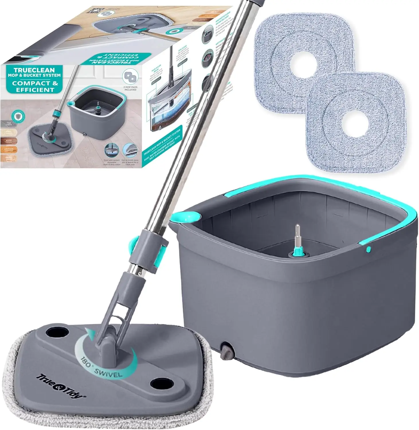360° Square Spin Mop Bucket System – Self Wringing Mop with Scrub Brush & Reusable Microfiber Pads