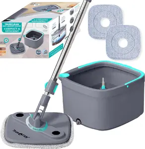 360° Square Spin Mop Bucket System – Self Wringing Mop with Scrub Brush & Reusable Microfiber Pads