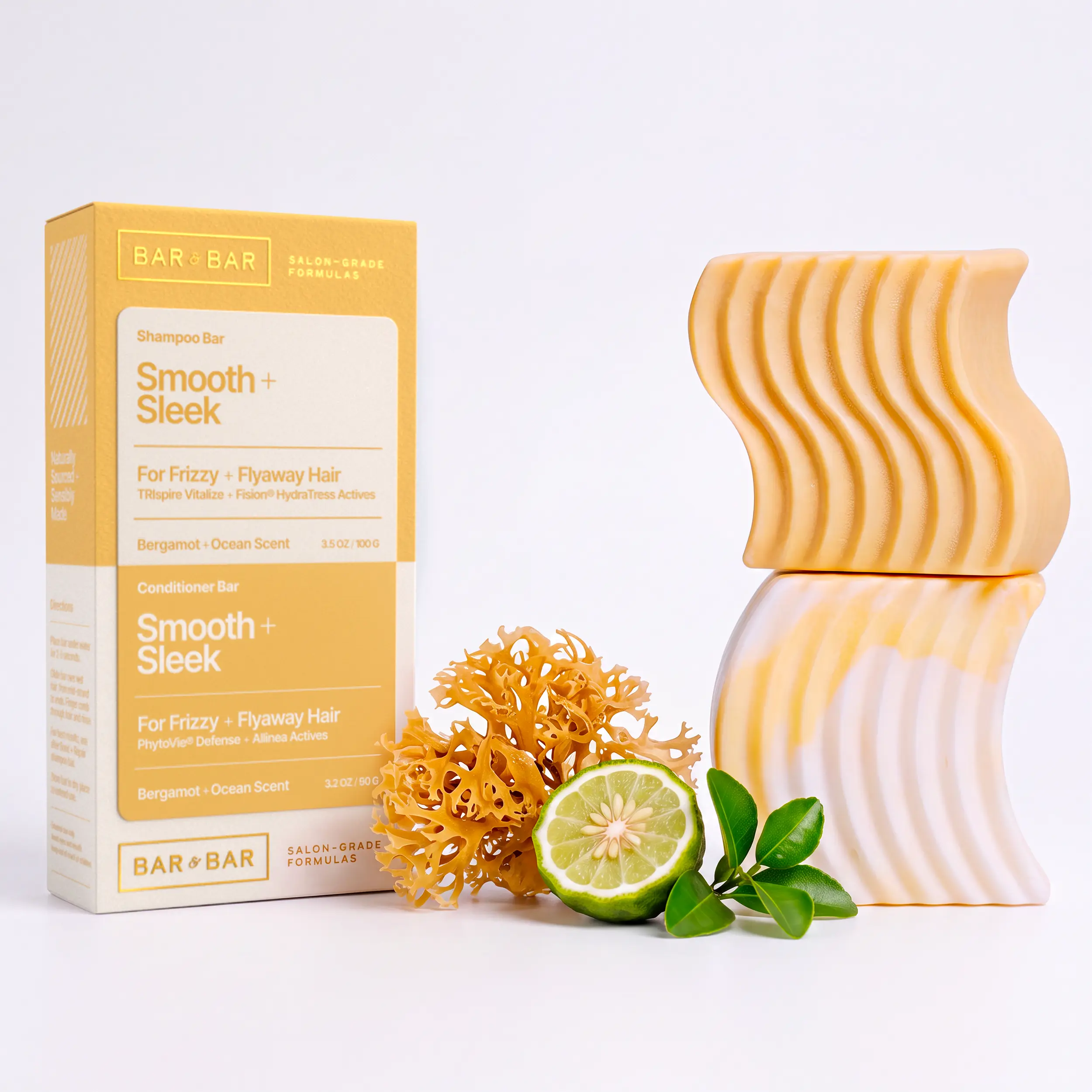 Bar & Bar Shampoo and Conditioner Bar Set – Smooth + Sleek – Anti-Frizz Solid Hair Care Duo – Frizzy Hair – Smoothing – Bergamot & Ocean
